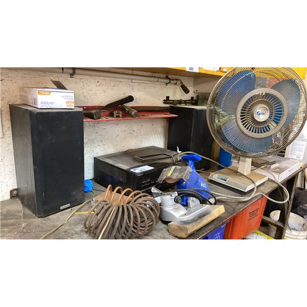 SHELF OF ASSORTED ITEMS INCLUDING; FLOOR FAN, SPEAKERS, TECHNICS MEDIA CENTER & MORE