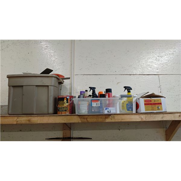 ASSORTED ITEMS INCLUDING; GLASS CLEANER, DECK SCREWS, PAINT & MORE