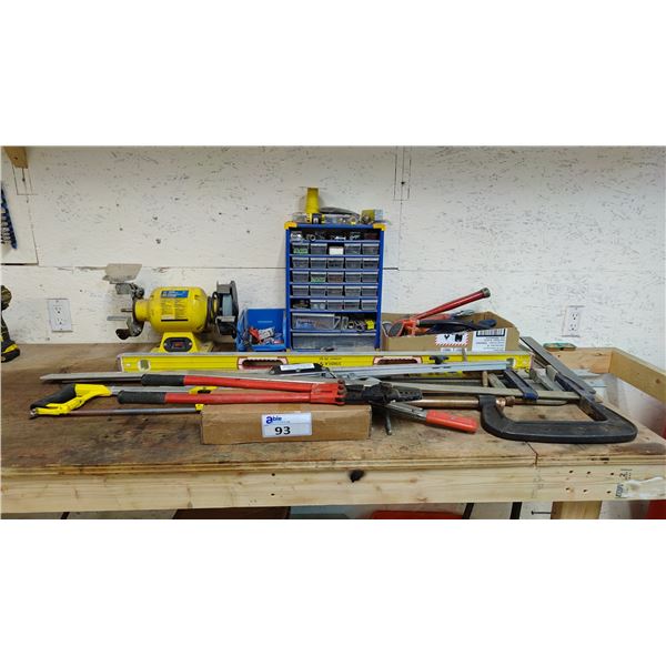 ASSORTED ITEMS INCLUDING; POWER FIST BENCH GRINDER, LEVEL, BOLT CUTTERS, CABLE WINCH & MORE