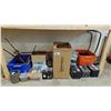 Image 1 : SHELF OF ASSORTED ITEMS INCLUDING; CAR BATTERIES, PAINT MIXING BITS, PAPER TOWEL & MORE