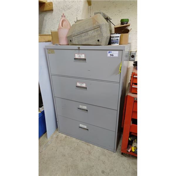 4-DRAWER FILE CABINET WITH ASSORTED TOOL CONTENTS INCLUDING; HARDWARE, PAINT MIXING BITS, CAUTION