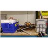 Image 5 : SHELF OF ASSORTED ITEMS INCLUDING; COOLER, EXTERIOR TRIM SCREWS, WAYNE SUMP PUMP & MORE