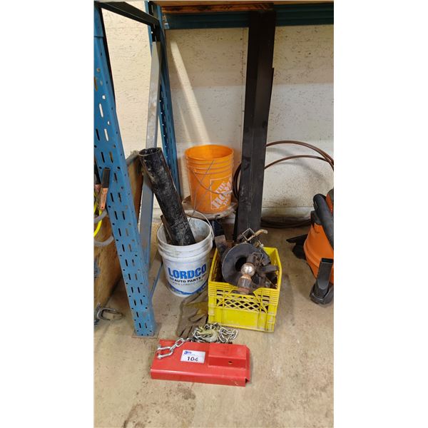 ASSORTED ITEMS INCLUDING; HITCH ATTACHMENTS, ROOF FLASHING, PVC PIPE & MORE