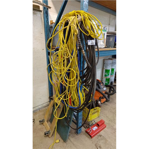 ASSORTED ITEMS INCLUDING; HEAVY DUTY EXTENSION CORDS, PRESSURE WASHER HOSE, JUMPER CABLES & MORE