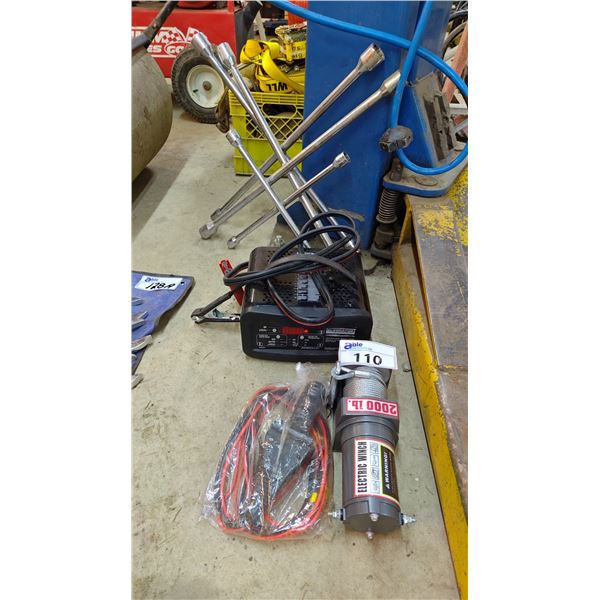 2000 LBS CAPACITY ELECTRIC WINCH, MOTOMASTER ELIMINATOR WORKSHOP SERIES BATTERY CHARGER & 3 TIRE