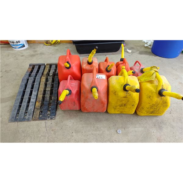 ASSORTED FUEL CANS & 2 SMALL RAMPS