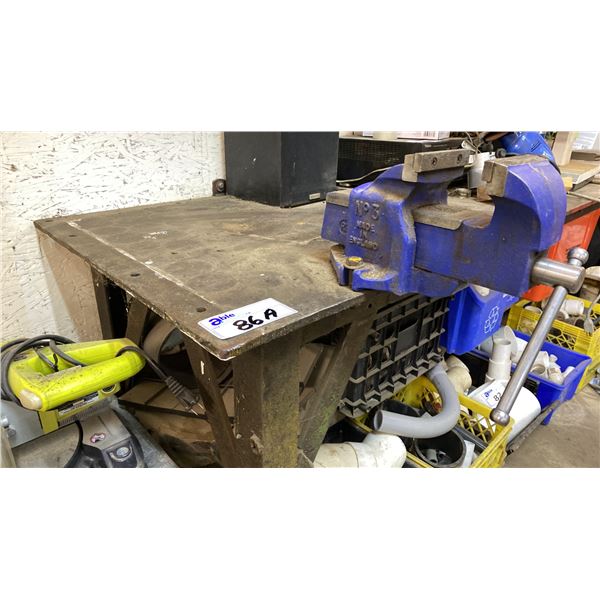 1/2' THICK STEEL TOP WORK TABLE WITH RECORD #3 MECHANICS VISE APPROX 91"L X 26"W X 33.5"H