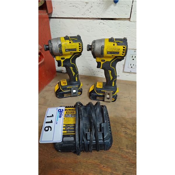 (2) DEWALT DCF809 1/4" CORDLESS IMPACT DRIVERS WITH BATTERIES & DEWALT DCB115 BATTERY CHARGER