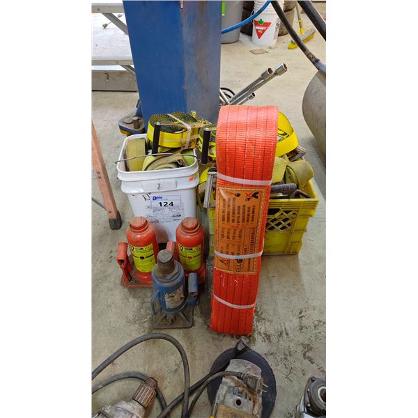 (3) BOTTLE JACKS (NO HANDLES) & LARGE ASSORTMENT OF RATCHET STRAPS & TRANSPORT TIE DOWNS