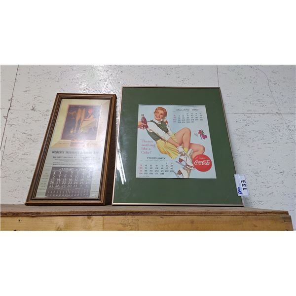 VINTAGE FRAMED COCA-COLA 1957 CALENDAR & VINTAGE FRAMED NORMAN ROCKWELL 1946 CALENDAR