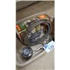 Image 4 : BIN OF ASSORTED ITEMS INCLUDING; OZARK TRAIL MANUAL AIR PUMP, PUTTING PAL ELECTRIC PUTTING CUP,