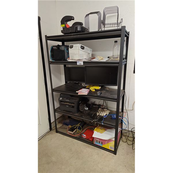 5-TIER METAL SHELVING UNIT WITH ASSORTED CONTENTS INCLUDING; BROTHER MFC-7860DW PRINTER, DELL