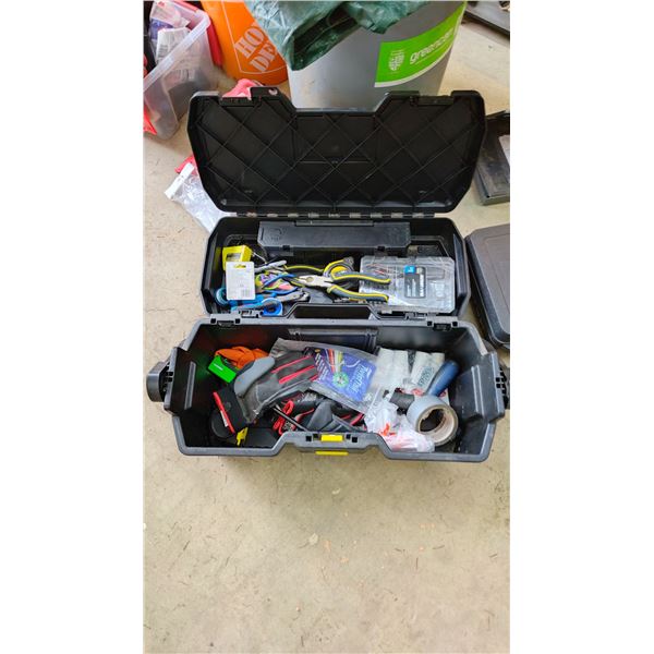 STANLEY TOOLBOX WITH ASSORTED TOOL CONTENTS INCLUDING; RATCHETING DRIVER & BIT SET, MEASURING