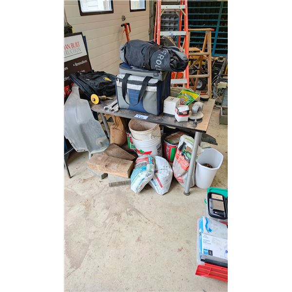 TABLE OF ASSORTED CONTENTS INCLUDING: CHAIN, CAR PANELS, POLYMER SAND, WRENCHES & MORE (TABLE