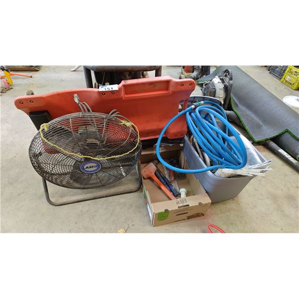 ASSORTED ITEMS INCLUDING; LASKO COMMERCIAL FLOOR FAN, MECHANICS CREEPER, GARDEN HOSE, CIRCULAR SAW,