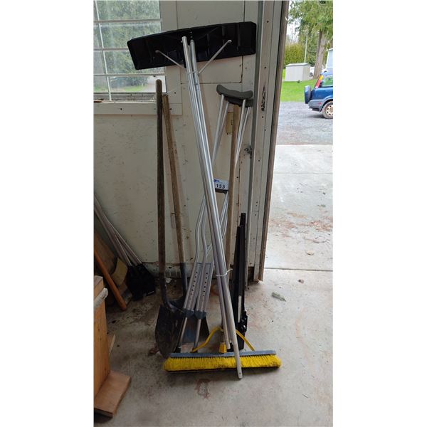 ASSORTED ITEMS INCLUDING CRUTCHES, SHOVELS, PUSH BROOM & MORE