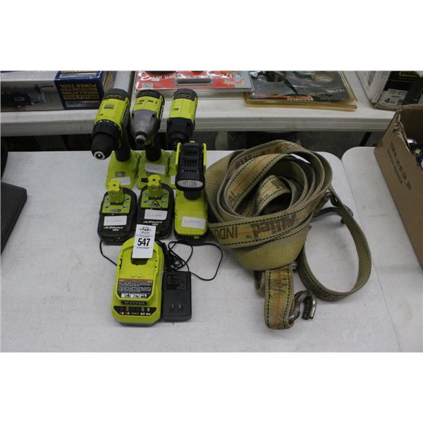 Ryobi Cordless Drills/Flashlight w/Battery/Charger, Tie Down Strap