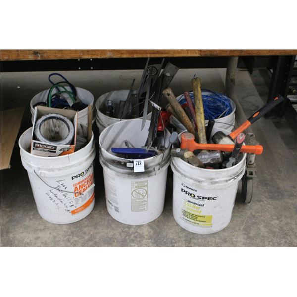 5  Gal. Buckets  6 w/Asst. Hand Tools, Levels, Supplies