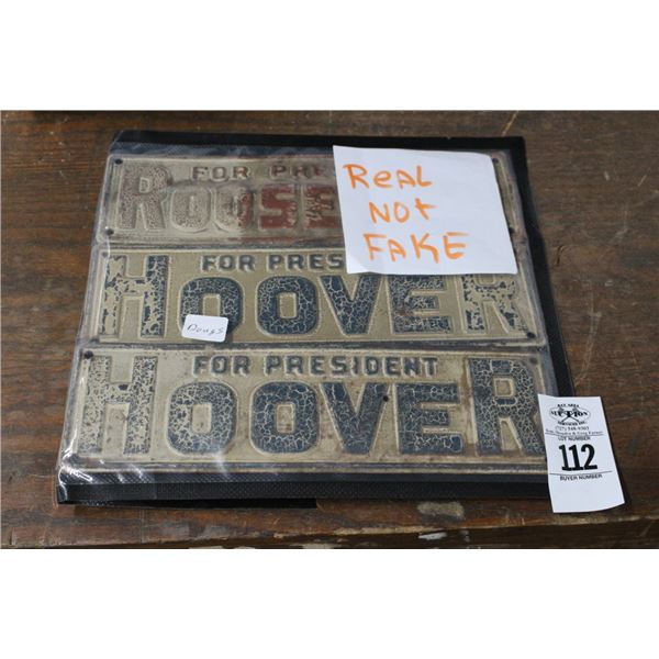 Set of 3 Roosevelt/Hoover Tin Plates