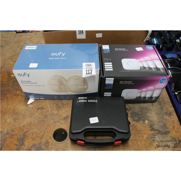 Tens 3000 Pulse Generator, Eufy Breast Pump, Phillips Smart Light