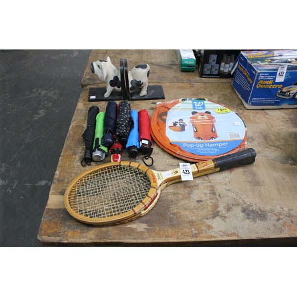 Tennis Rackets, Umbrellas, Hamper, Cow Bookends