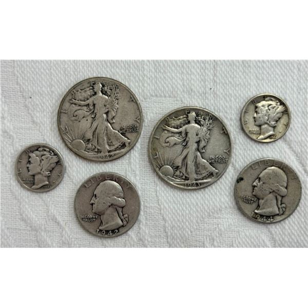 WALKING LIBERTY SILVER HALF DOLLARS - 1942, 1943; WASHINGTON SILVER QUARTERS - 1942, 1944; MERCURY D