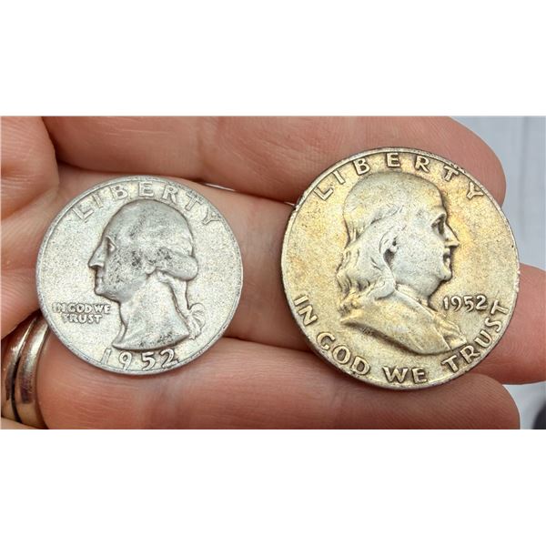 BEN FRANKLIN SILVER HALF DOLLARS - 1952D; WASHINGTON SILVER QUARTER - 1952D