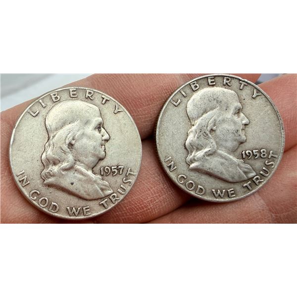 BEN FRANKLIN SILVER HALF DOLLARS - 1957, 1958D