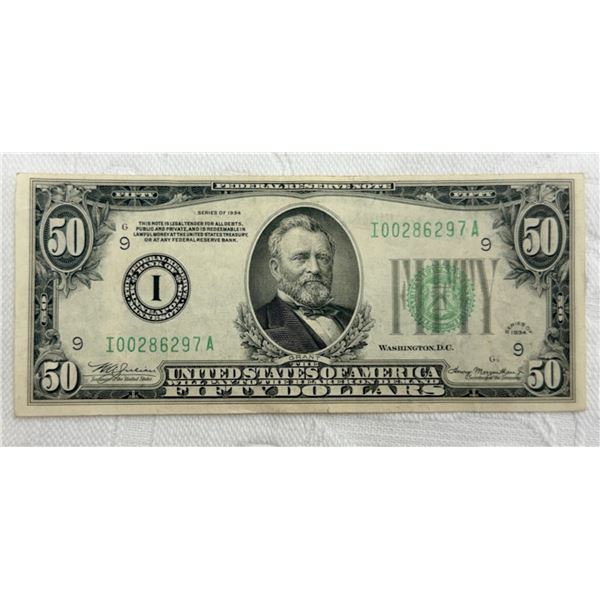 $50 FEDERAL RESERVE NOTE – SERIES OF 1934, LIGHT GREEN TREASURY SEAL - MINNEAPOLIS DISTRICT