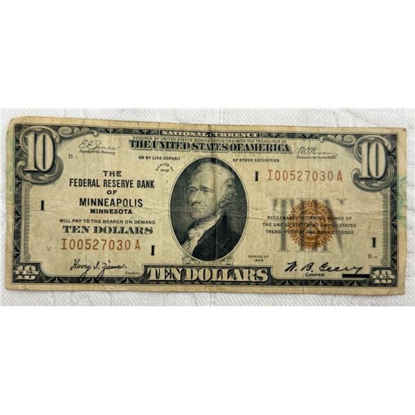 $10 NATIONAL CURRENCY ISSUED BY THE FEDERAL RESERVE BANK OF MINNEAPOLIS, MINNESOTA – 1929 S