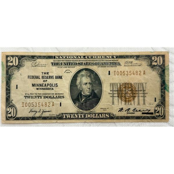 $20 NATIONAL CURRENCY ISSUED BY THE FEDERAL RESERVE BANK OF MINNEAPOLIS, MINNESOTA – 1929 S