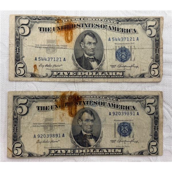 $5 SILVER CERTIFICATES- SERIES 1953, BLUE TREASURY SEAL AND SERIAL NUMBERS  - LOT OF 2