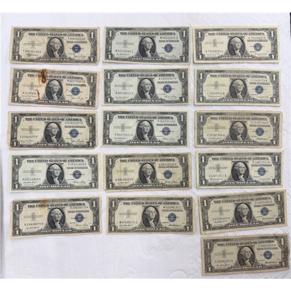 $1 SILVER CERTIFICATES - MULTIPLE SERIES - LOT OF 16