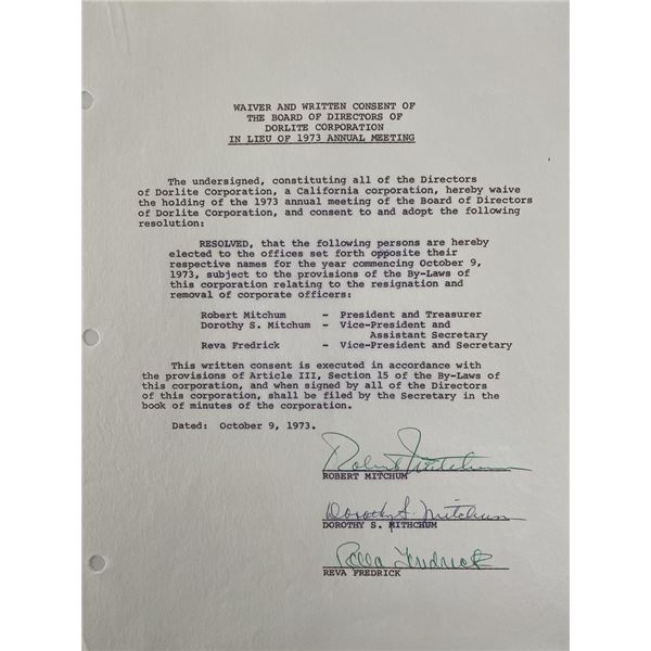 Robert Mitchum signed Dorlite Corporation Document