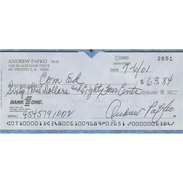 Brooklyn Dodgers Andrew Pafko signed check