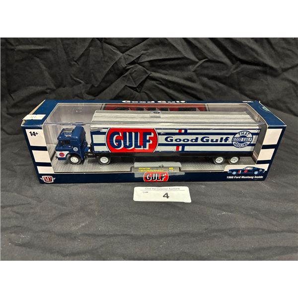 NIB Gulf die cast semi truck with 68 Mustang inside, box 11.5"