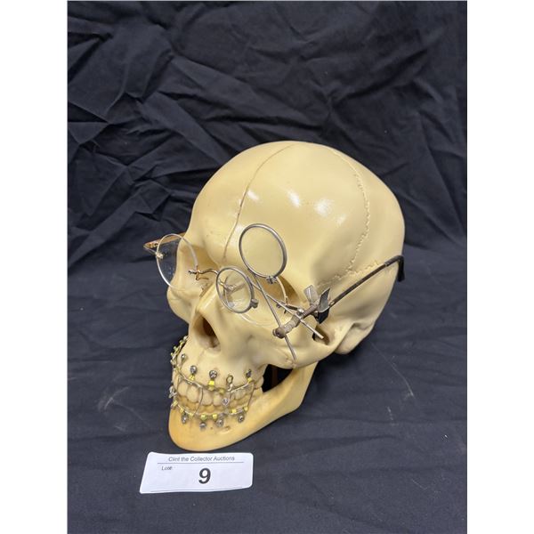 Dental School skull with braces including multi-lens optometry glasses 7" tall
