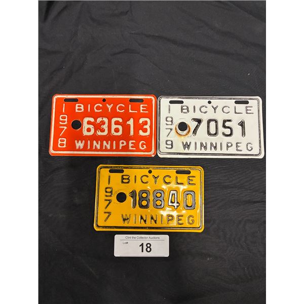 3 NOS 1977, 78, 79 Winnipeg bicycle license plates