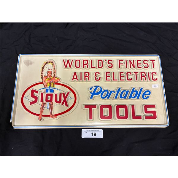 Rare vintage easel back vacuuform plastic Sioux tools sign with amazing graphics, some damage on edg