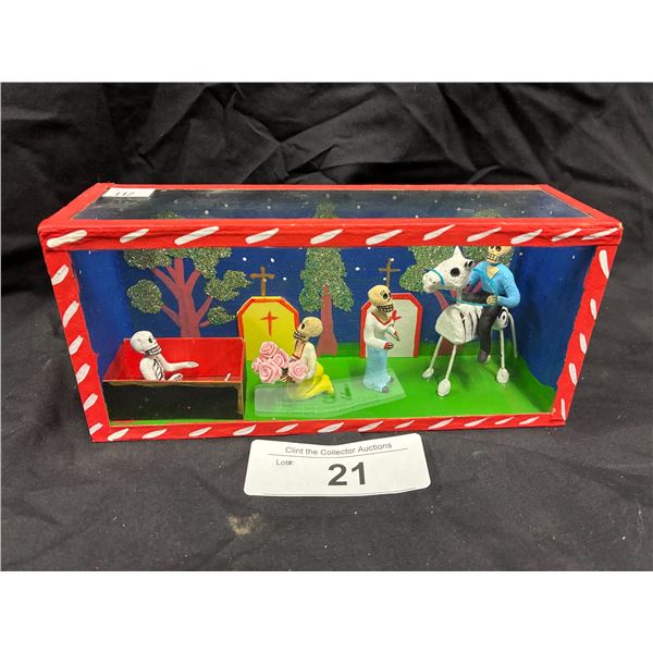 Very cool "Day of the Dead" Skeletons in glass display box, 7.5"x3.5"x2.5"