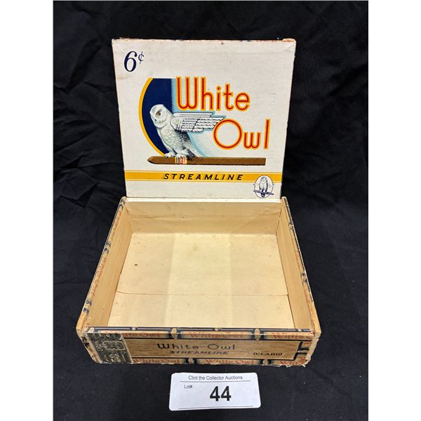 Very nice 1950s White Owl cigar box, wonderful graphics inside lid, 6.5"x6"