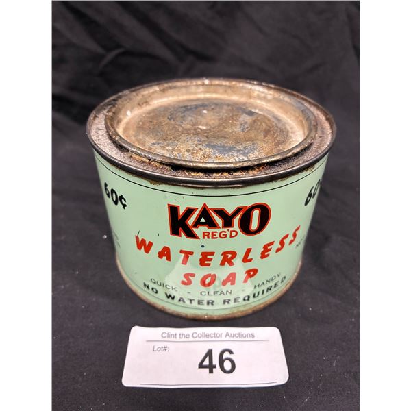 1950s Kayo waterless soap can, made in Regina Sask, empty, 4.5"x3"