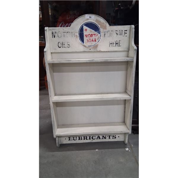 Custom painted North Star Oil can wooden shelf, 48"x27"x6"