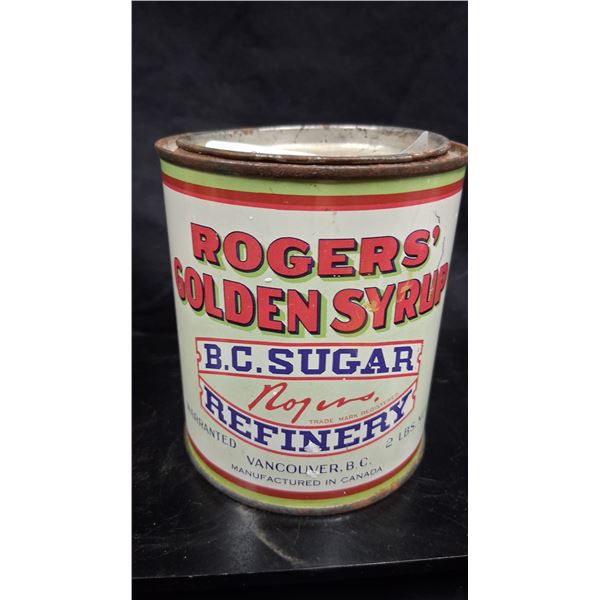 Vintage 2lb Rogers Golden Syrup can, early version with train graphics, 4" tall