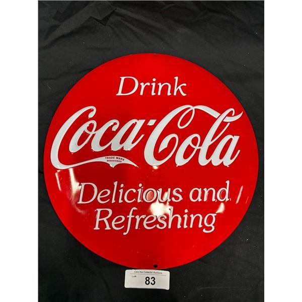 Mint condition embossed metal Coca-Cola button sign, made by Coke, 14" dia