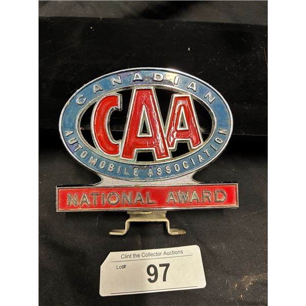 1960s Canadian Automobile Association National Award license plate topper w/bracket, 4.5"x4.5"