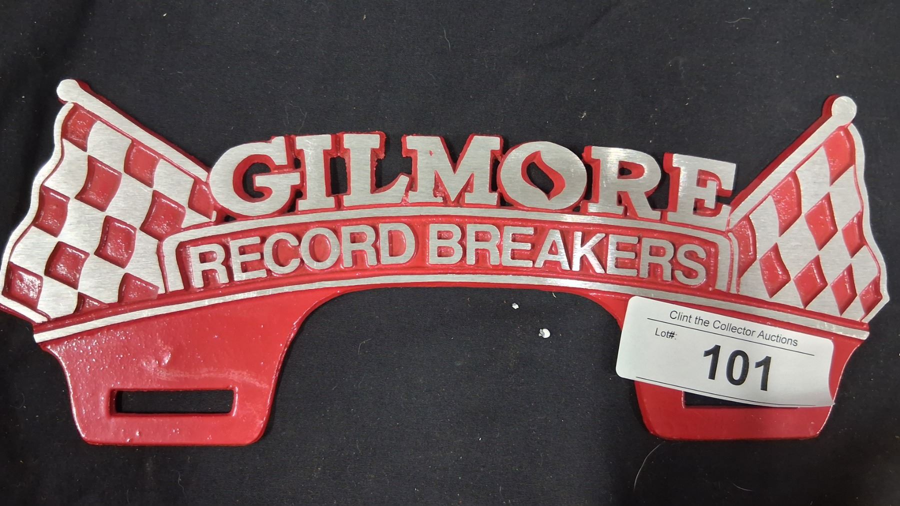 Gilmore Record Breakers drag racing metal license plate topper, 11