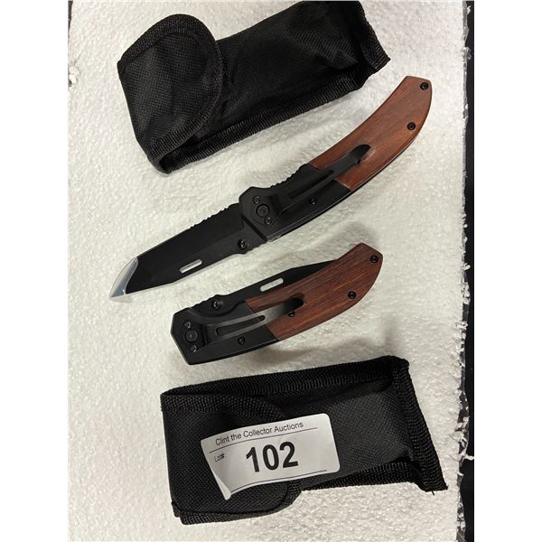 2 new unused pocket knives with sheaths each 6" wood handles