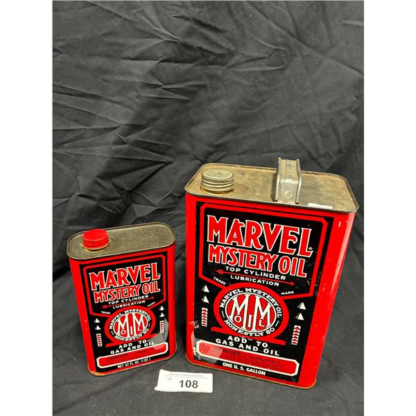 2 vintage Marvel Mystery Oil tins, 1 gallon & 1 quart