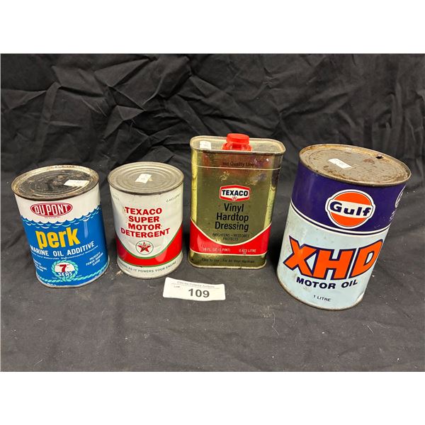 4 vintage tins, Texaco, Gulf, Dupont